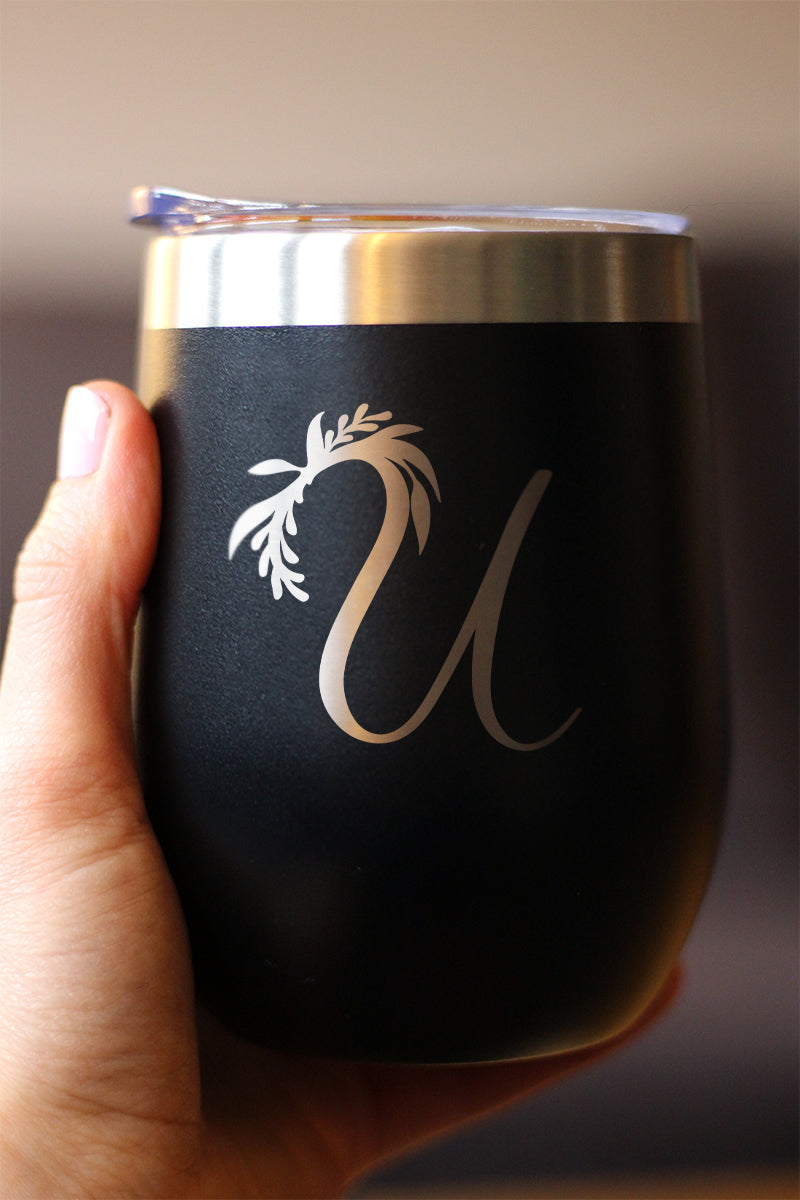 Monogram Floral Initial Letter U - Wine Tumbler