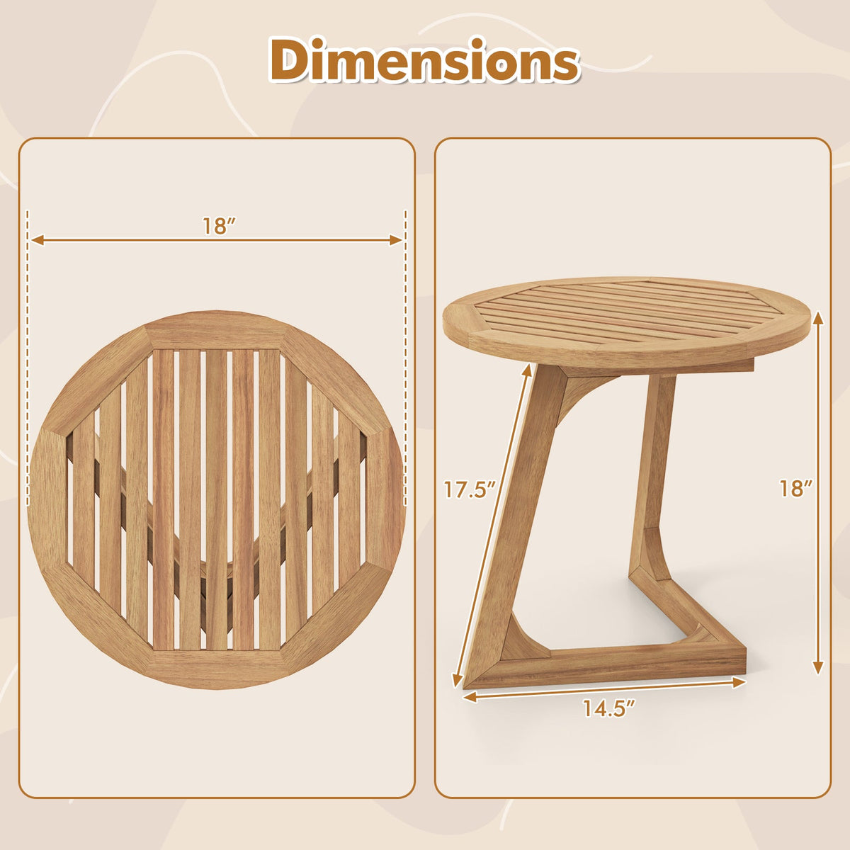 Teak Wood Side Table Round Sofa End Table with Slatted Tabletop