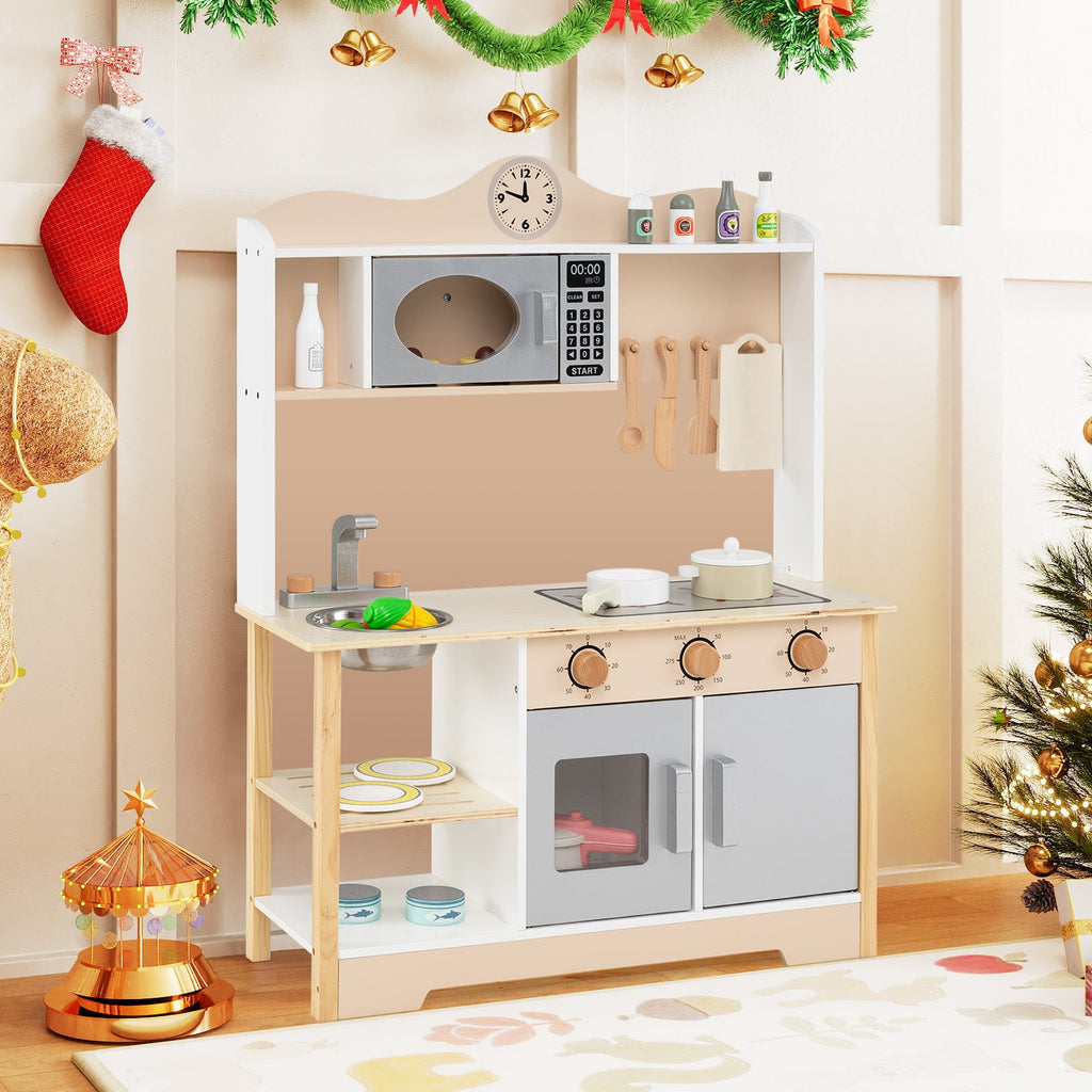 Wooden Play Kitchen Cooking Toy Playset for Kids-White