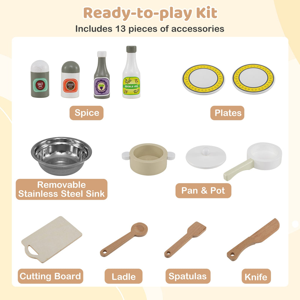 Wooden Play Kitchen Cooking Toy Playset for Kids-White