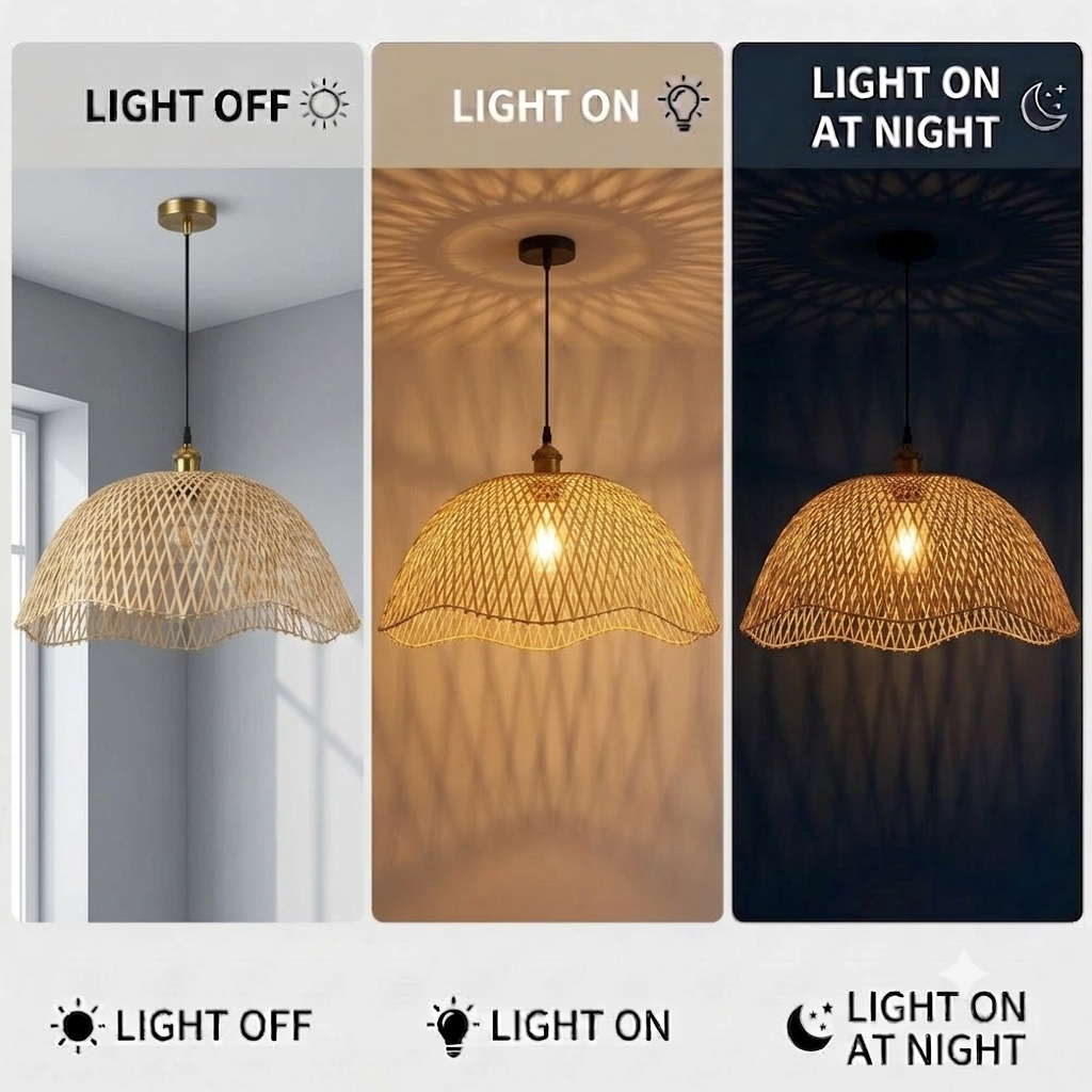 Wavy Edge Bamboo Dome Pendant Light | Handwoven Lattice Hanging Lamp