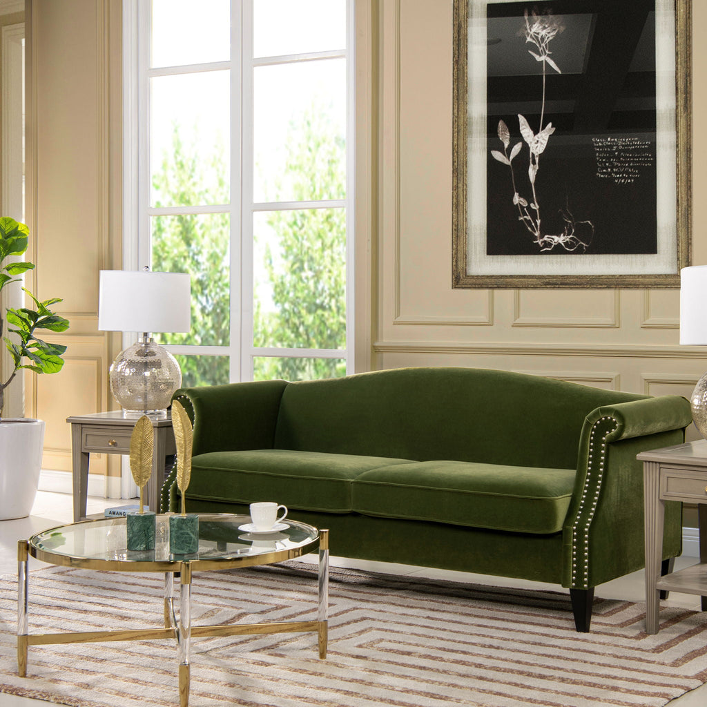 Green Camel Back Small Space Sofa with Performance Upholstery