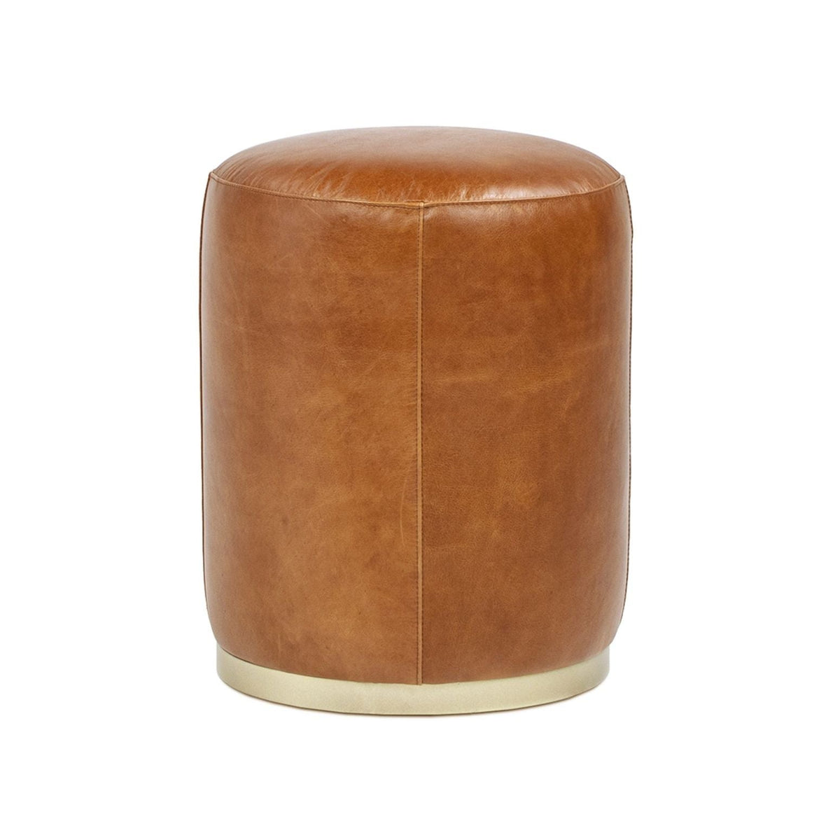 Brown Leather Round Ottoman Stool with Brass Base
