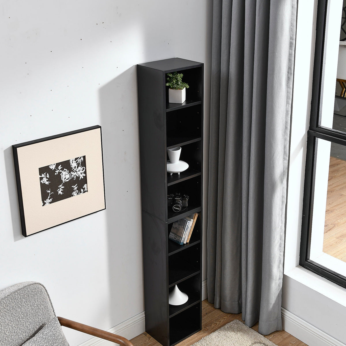 8-Tier Media Tower Rack with Adjustable Shelves - Black or Walnut