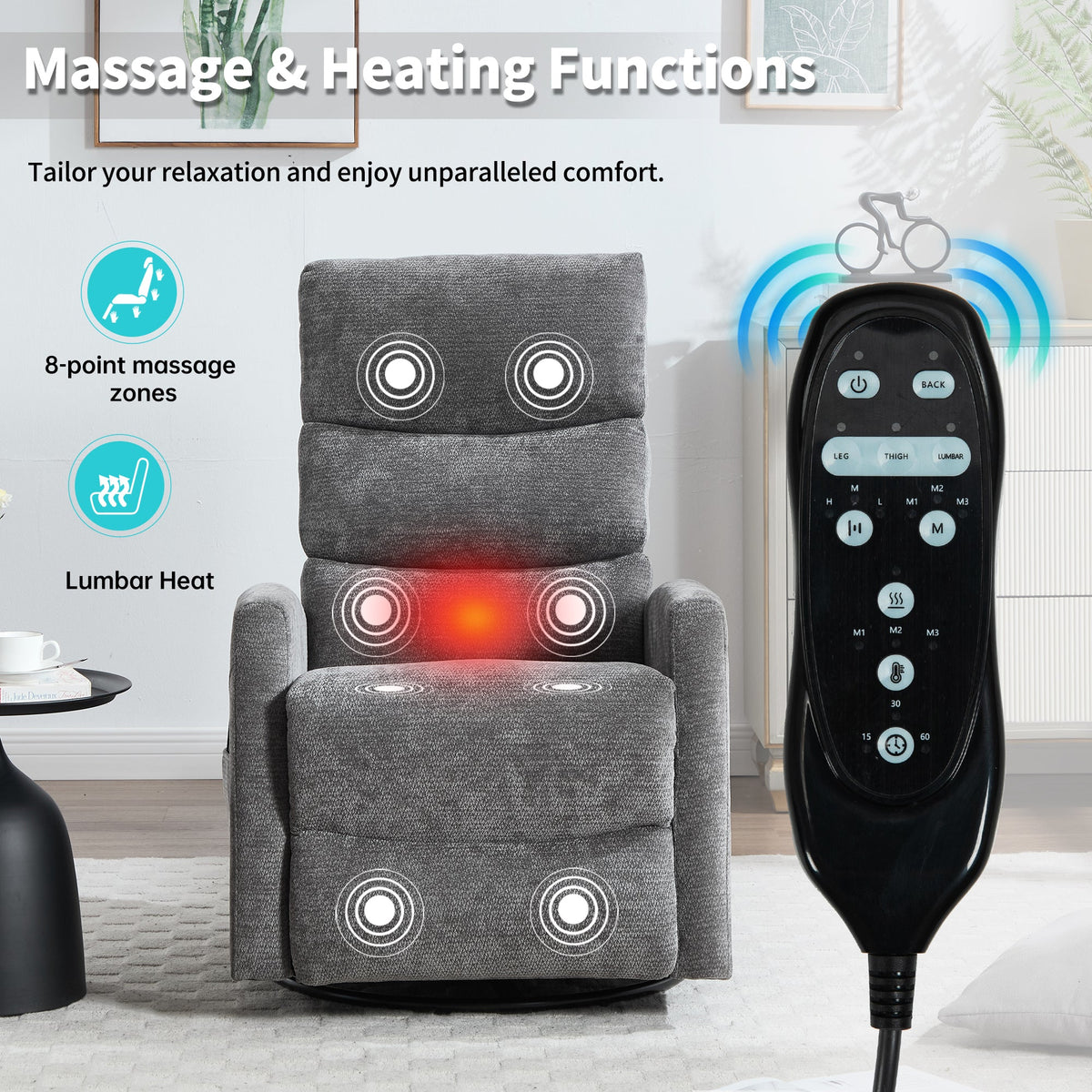 Heat Massage Recliner Chair with Cord-Free Lumbar Heat - Grey