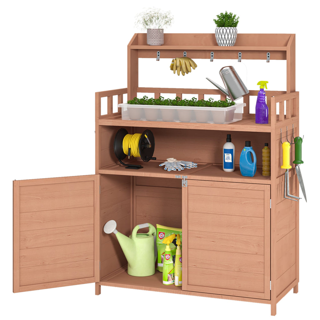 Fir Wood Potting Bench Outdoor Gardening Table with Storage Cabinet – Natural