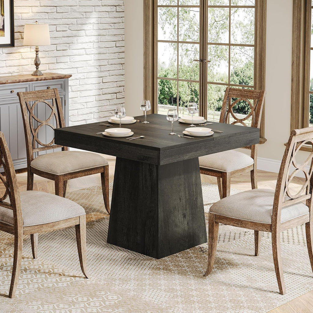 Square Dining Table for 4 with Thick Grain Top and Sturdy Pedestal Base - Gray