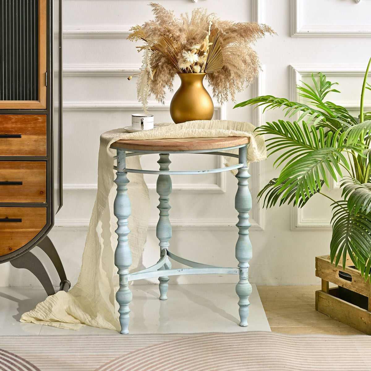 Round Top Carved Coffee Table with Metal Legs - Light Brown