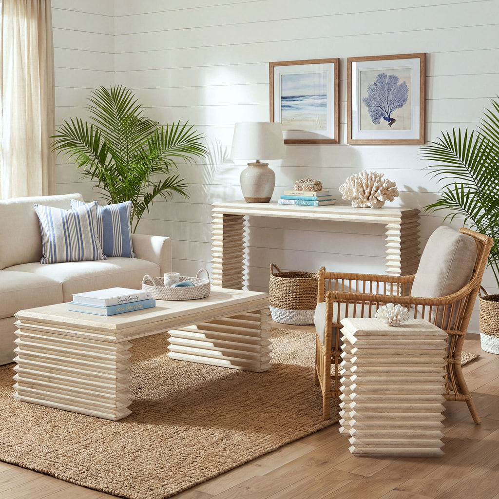 Geometric Waterfall Console Table with Solid Wood Construction - White or Light Brown