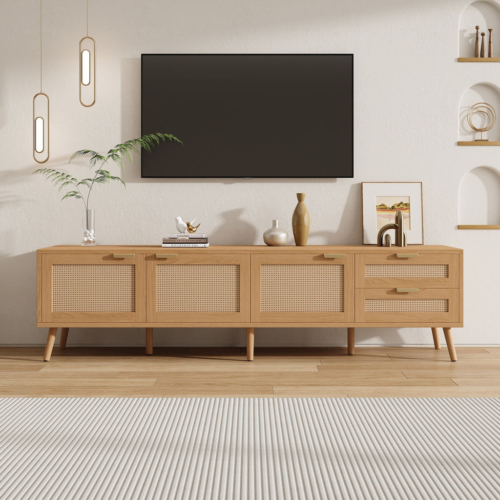 Natural Wood TV Stand with Cable Management and Drawers