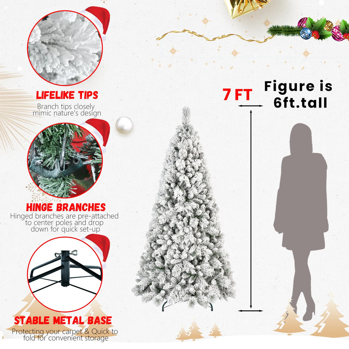 7FT Flocked Christmas Tree with Hinged Design - Snowy White