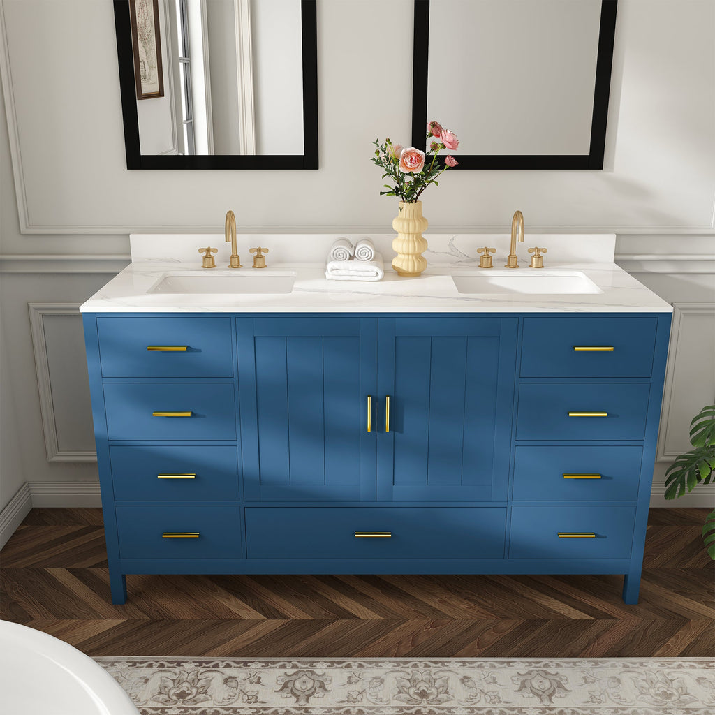 60" Solid Wood Bathroom Vanity with Double Sinks and Quartz Top - Blue