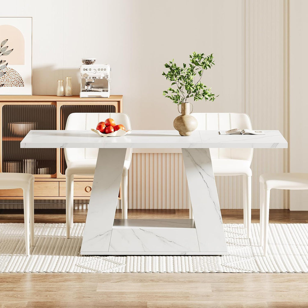 White Dining Table for 4–6 with Trapezoid Base - Faux Marble Finish