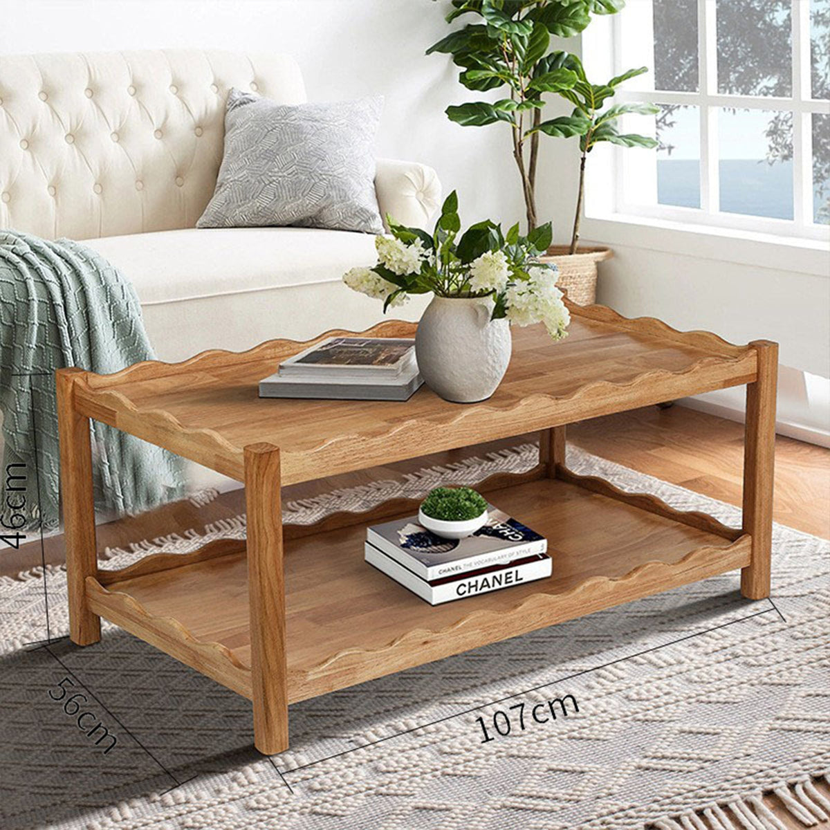 Modern 2 Tier Coffee Table with Open Shelf - Solid Rubberwood