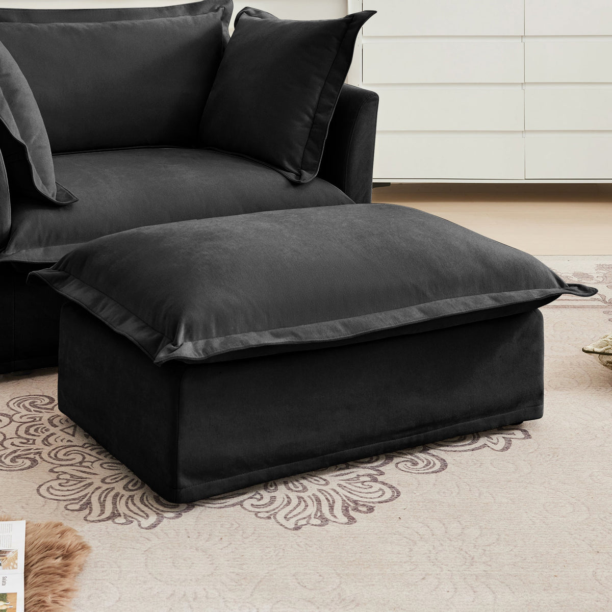 Luxurious Chenille Ottoman with Removable Covers - Black, Green, or Cream