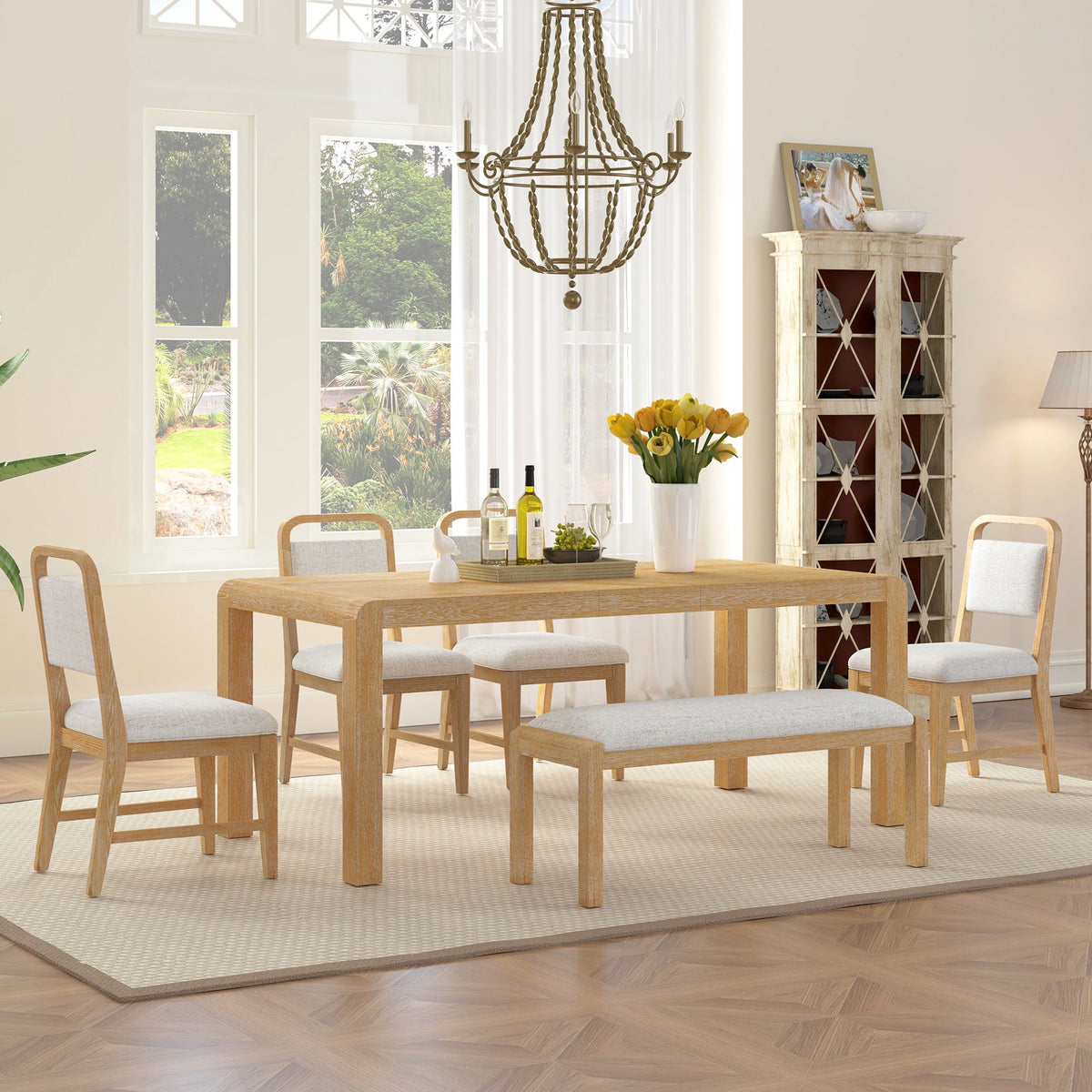 Extendable Dining Table Set with 4 Upholstered Chairs and 1 Bench