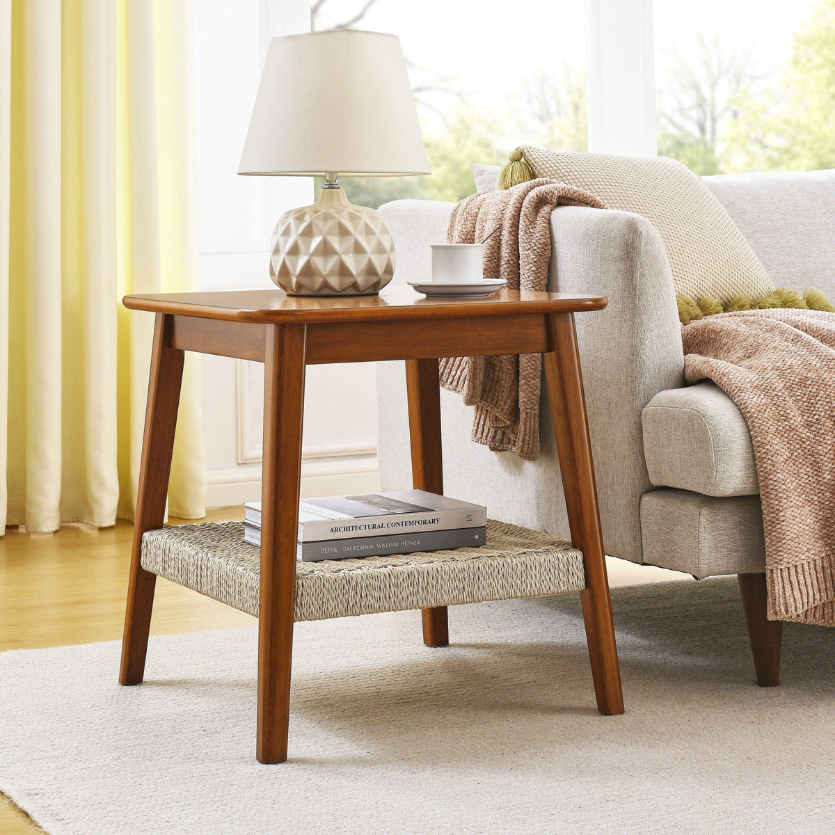 Mid-Century Square Side Table with Woven Shelf - Walnut