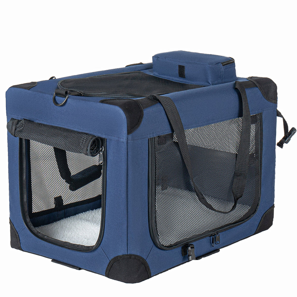40" Soft Dog Crate with Fleece Mat - 3 Mesh Doors - Dark Blue