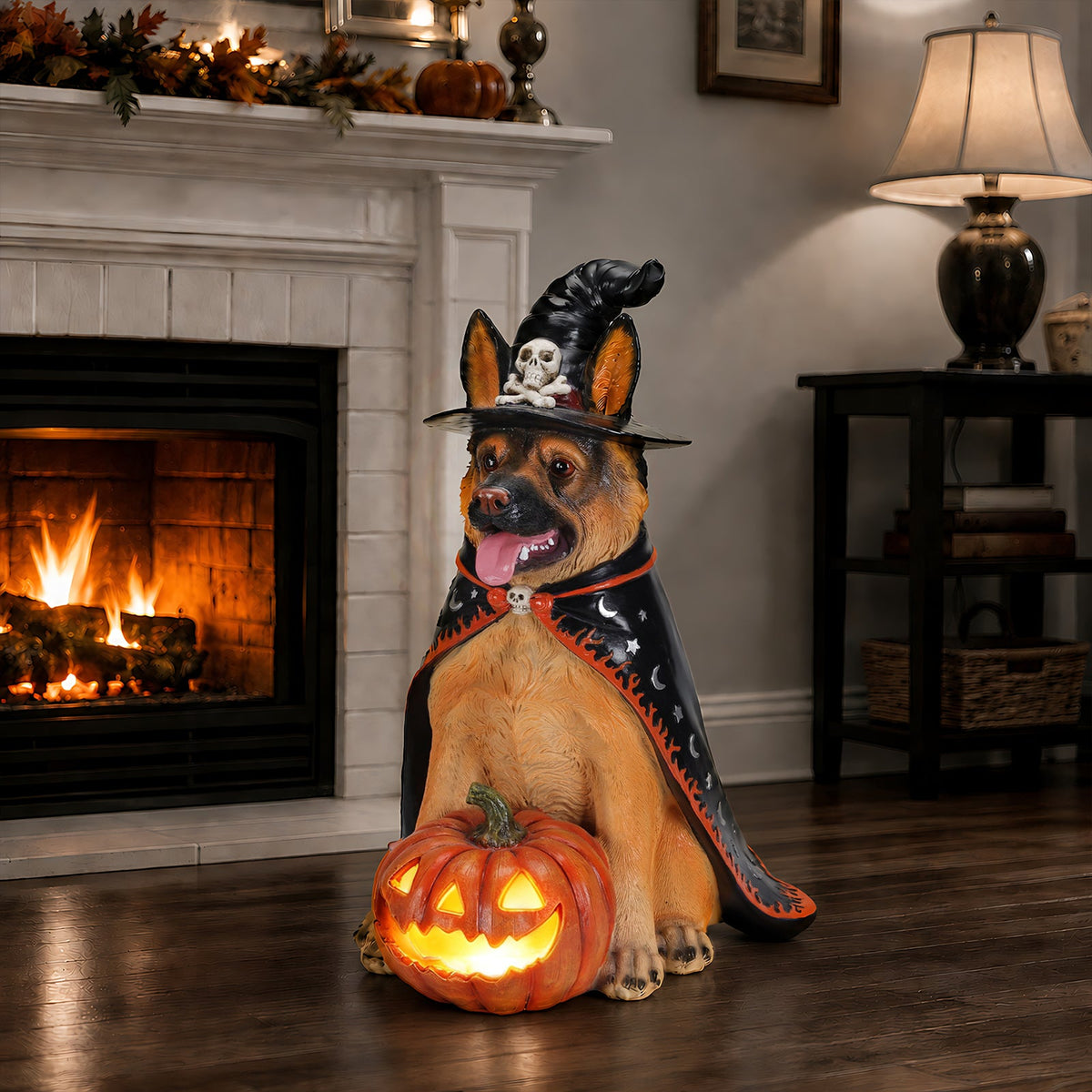 Halloween German Shepherd Dog Statue with LED Pumpkin - Resin