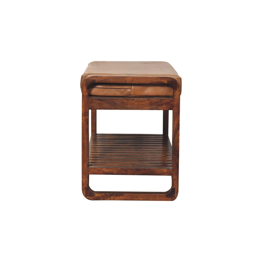 Solid Wood Slatted Bench with Leather Upholstery and Open Storage - Chestnut