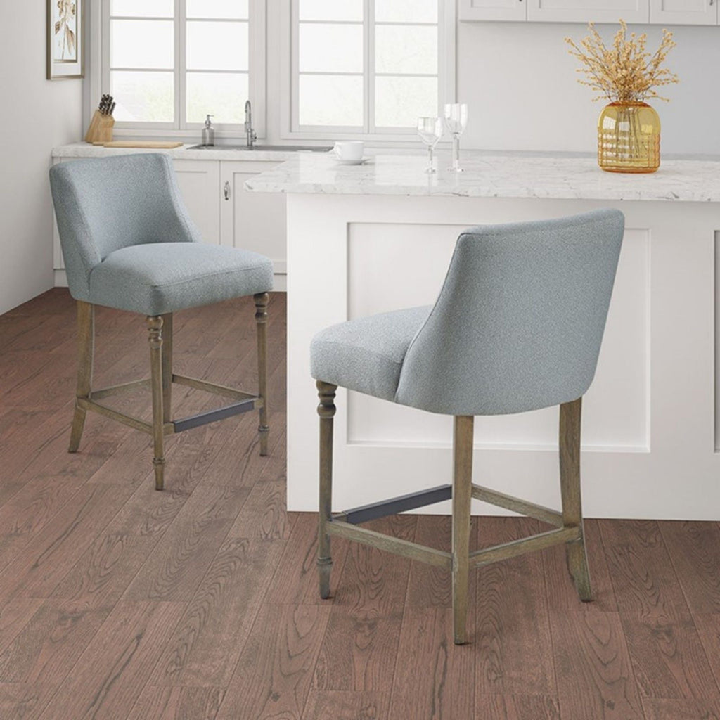 Blue Counter Stool with Upholstered Seat and Solid Wood Frame