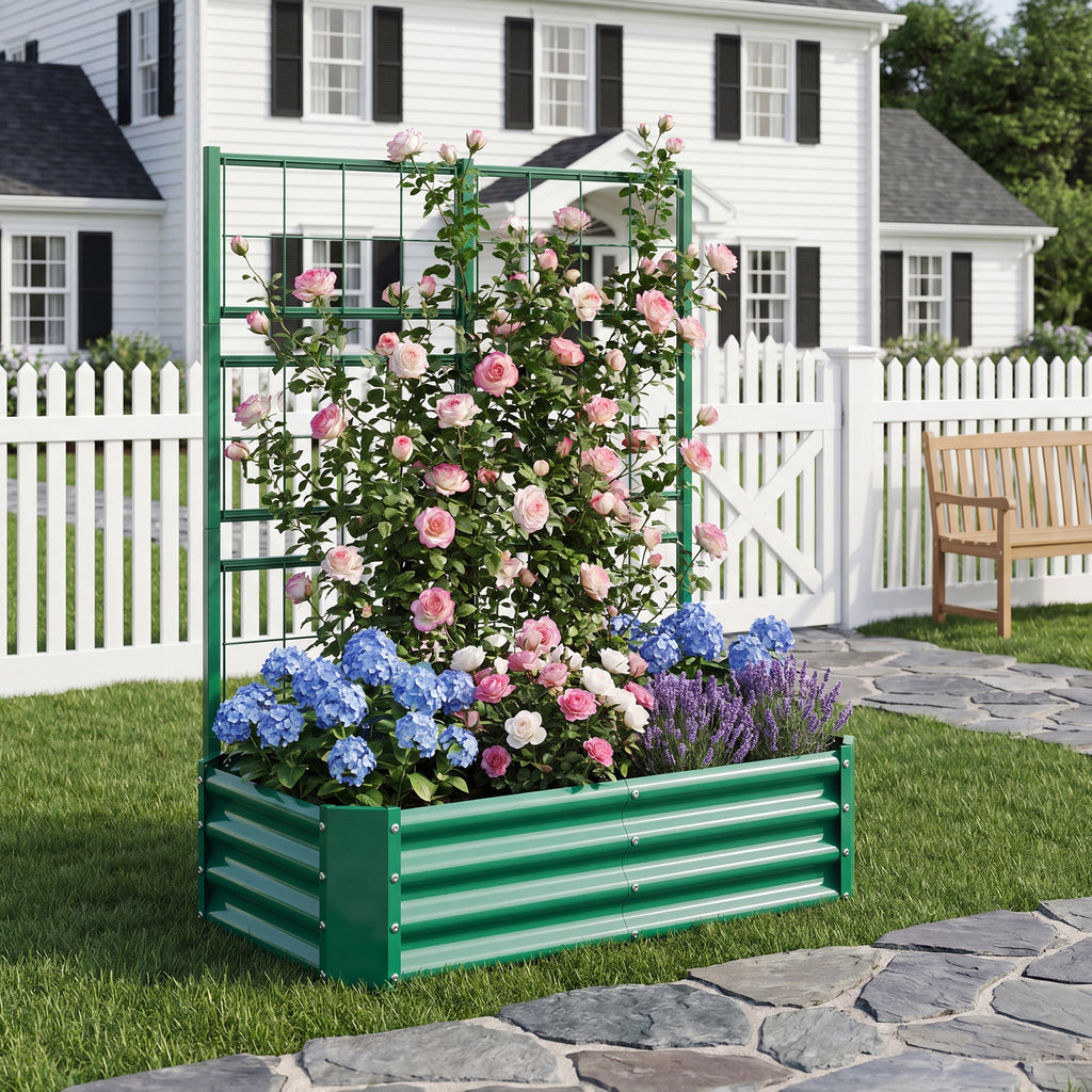 Galvanized Raised Garden Bed with Arch Trellis – Green