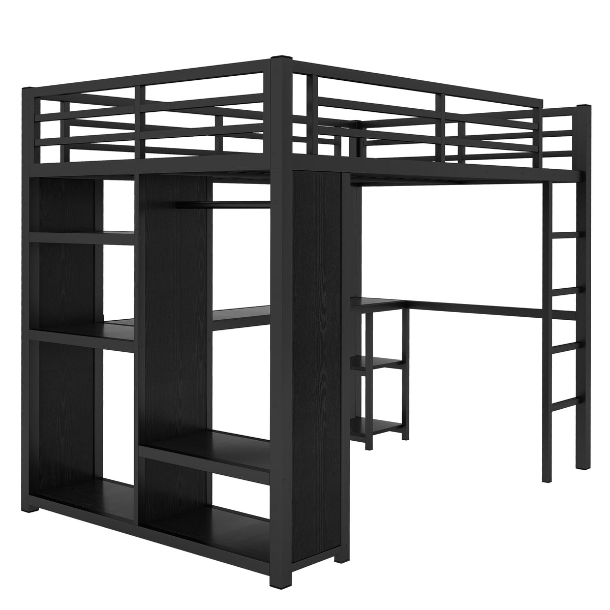 Full Size Loft Bed with Built-in Wardrobe and Desk