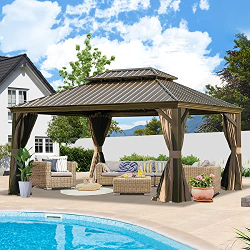 12' x 16' Hardtop Gazebo with Double Canopy - Brown