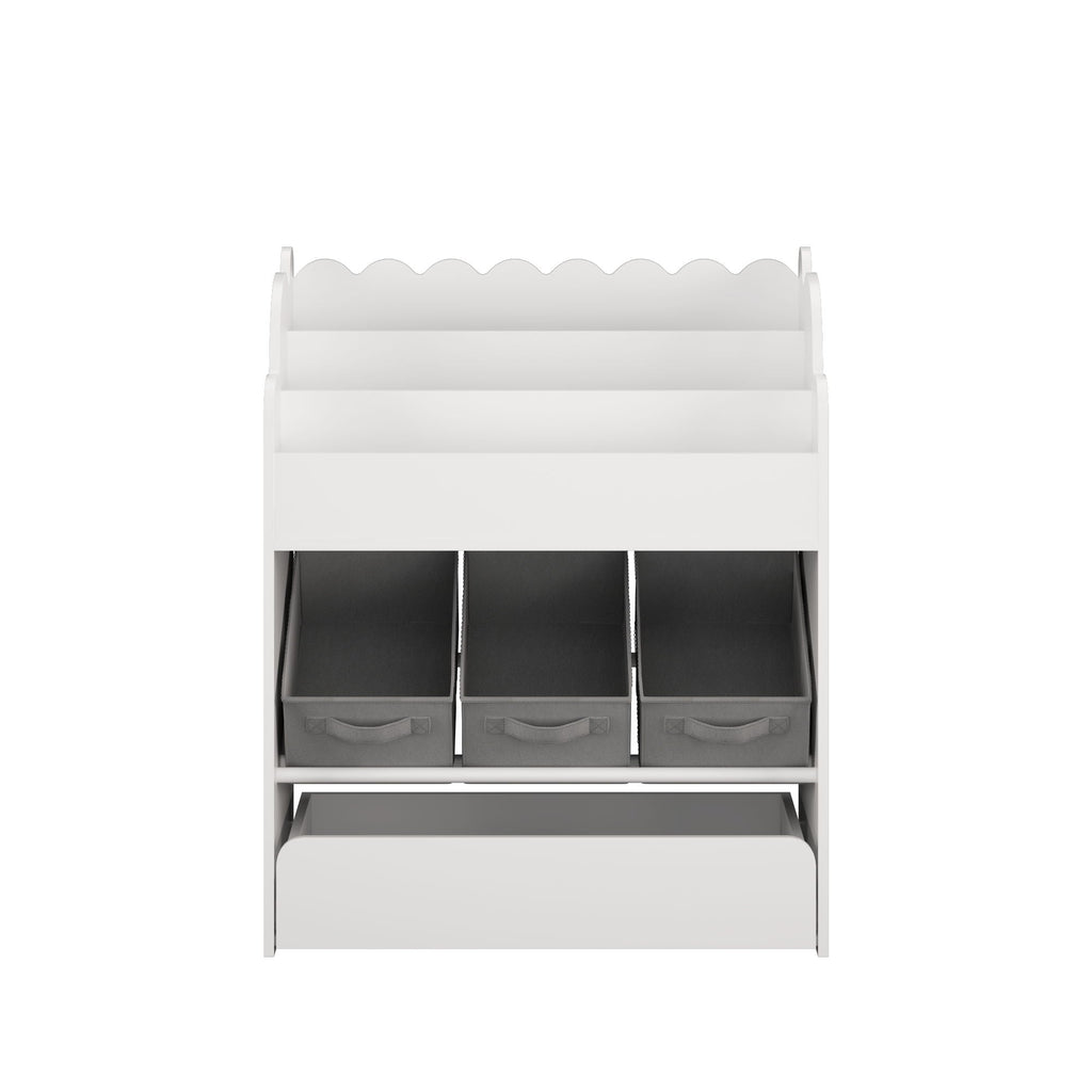 Bookshelf With Storage Bins and Drawer – Multi Functional Book Organizer for Toddlers - White