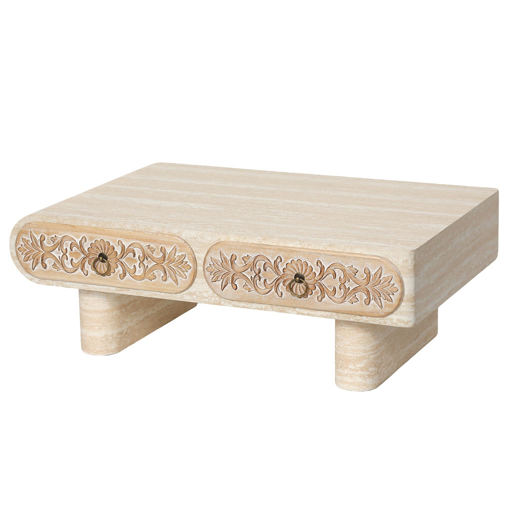 Rounded Edge Coffee Table with Solid Wood Drawer - Flower Pattern
