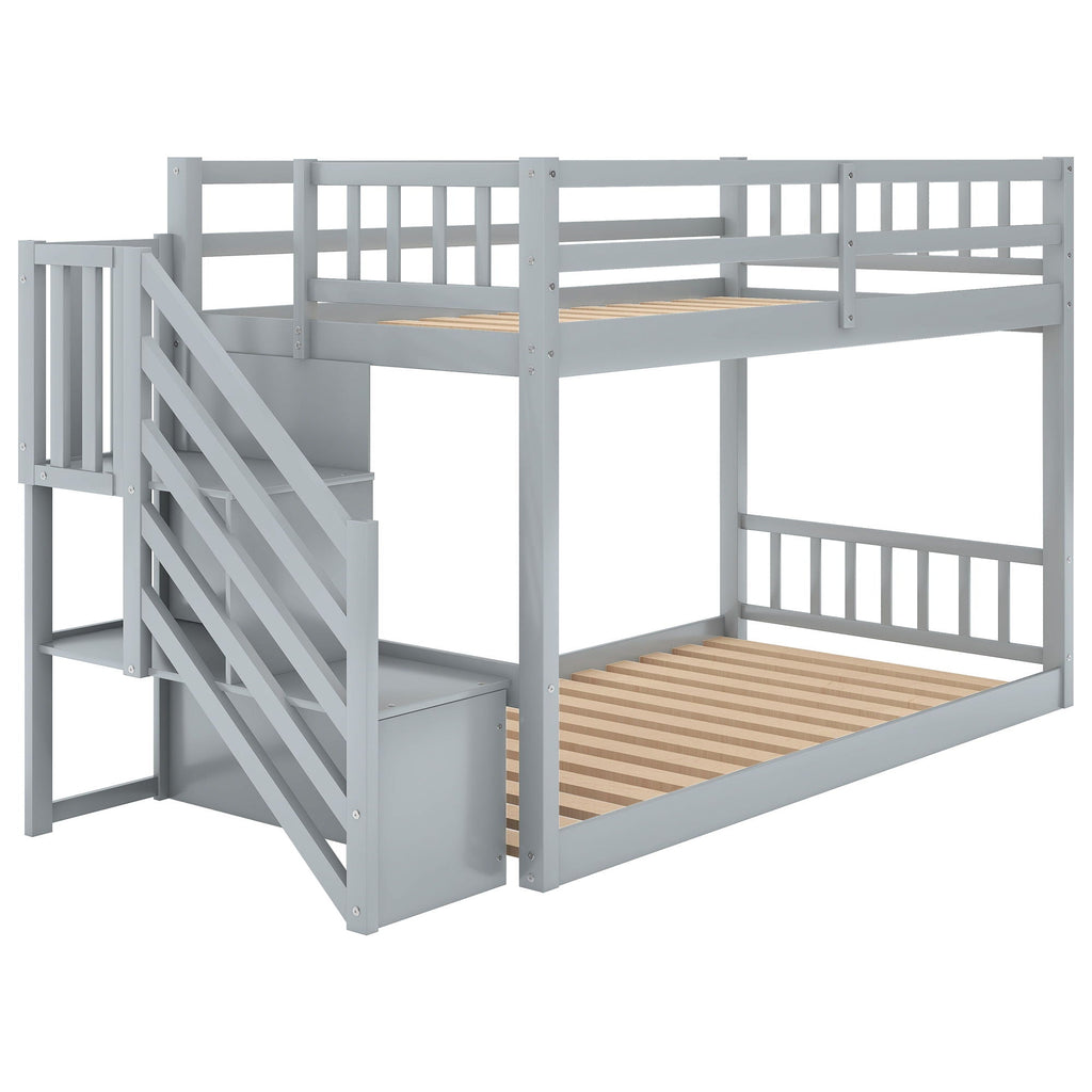 Twin Over Twin Floor Bunk Bed with Ladder Storage - White or Dark Gray