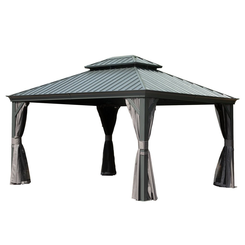10' x 14' Hardtop Gazebo with Double Roof and Curtains - Grey or Brown