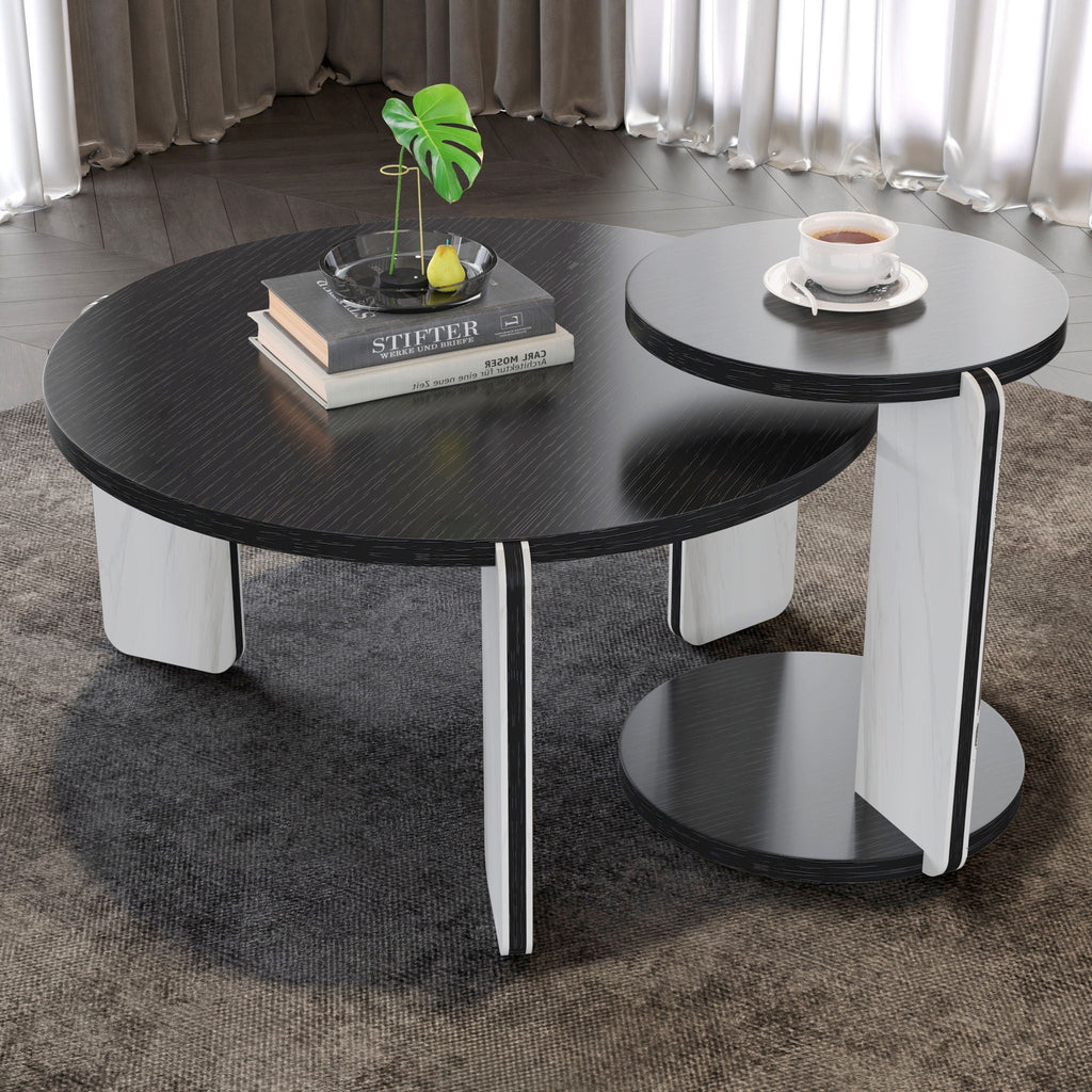 Round Coffee & End Table Set with Sintered Stone Legs - Black