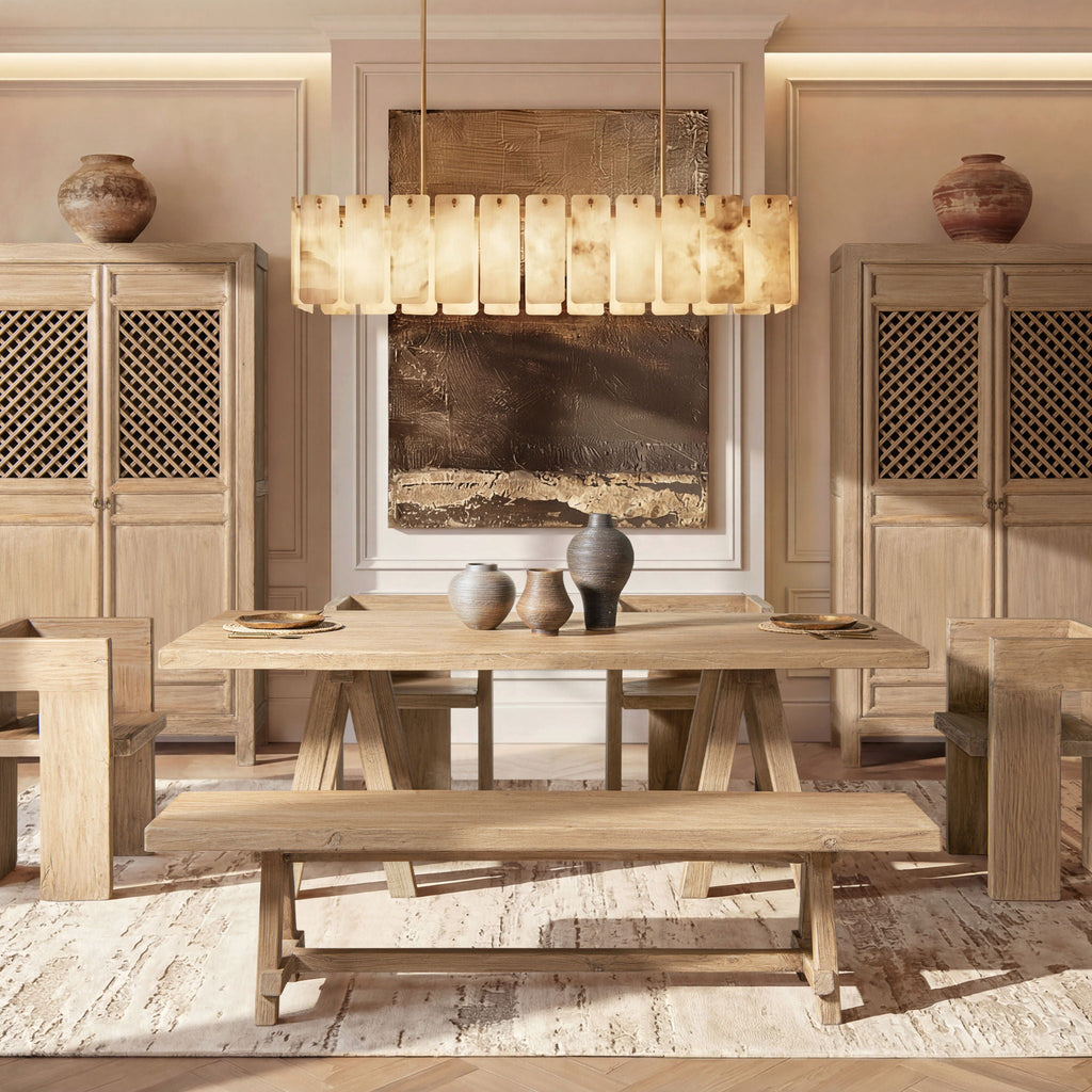 Natural Dining Bench with Pillar Base - Solid Reclaimed Elm