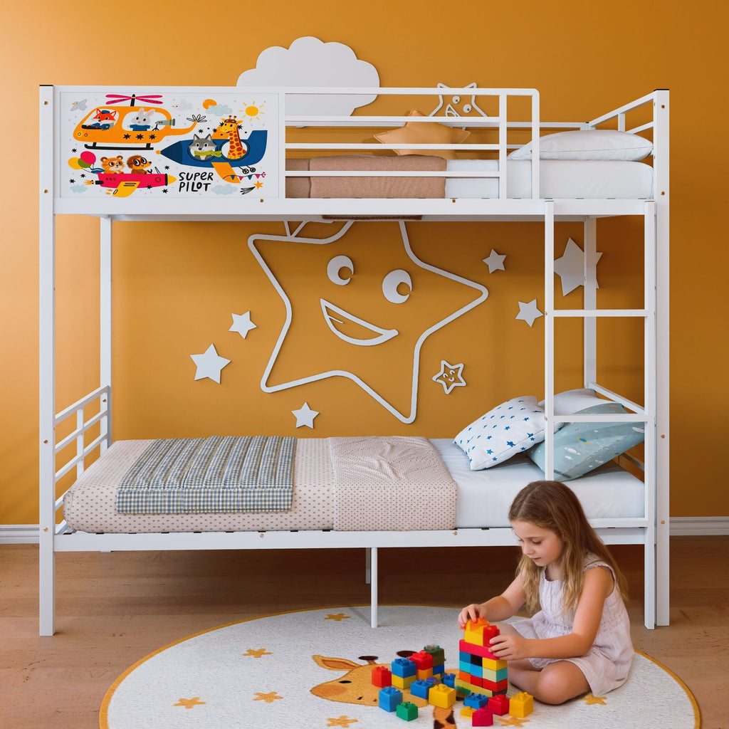 White Convertible Twin Bunk Bed with Full Length Guardrail & Ladder