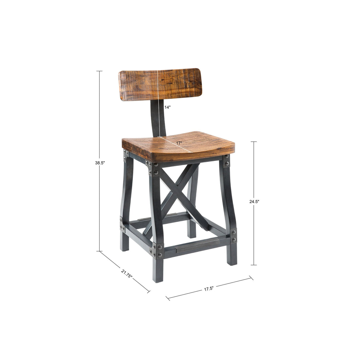 Industrial Counter Stool With Removable Back - Solid Acacia Wood - Amber