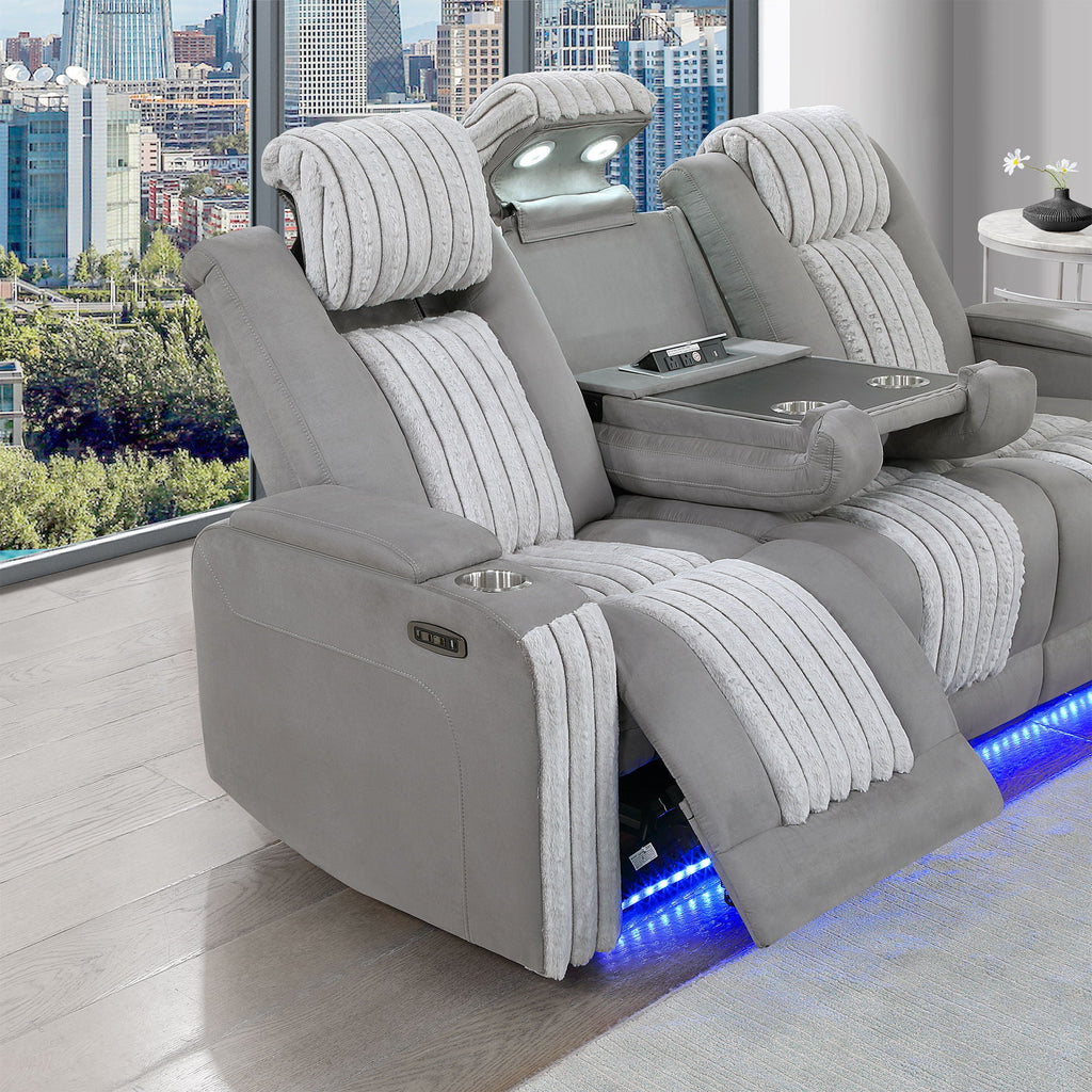 Power Reclining Sofa with Power Headrest and Drop Down Table - Black, Dark Brown, or Dark Gray
