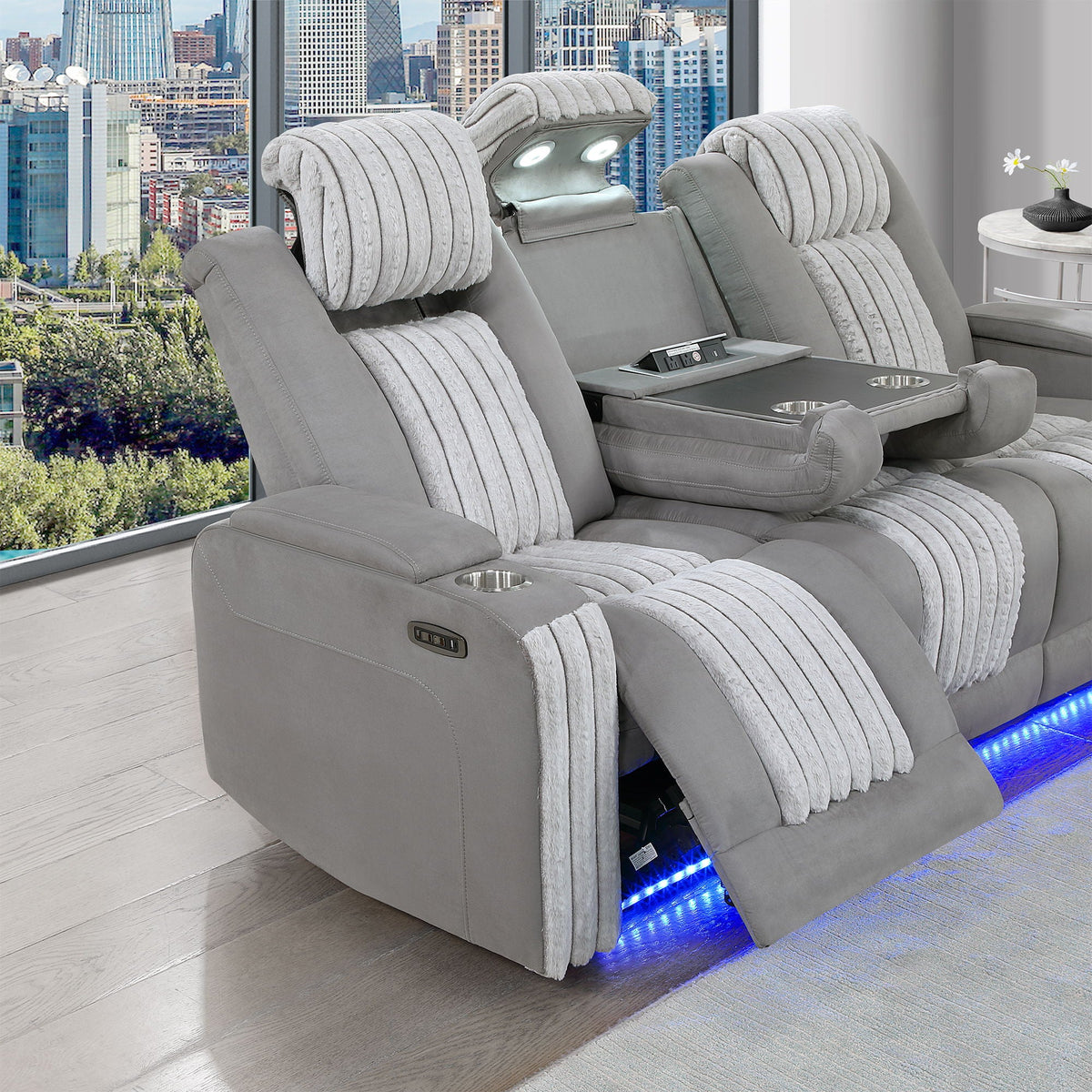 Power Reclining Sofa with Power Headrest and Drop Down Table - Black, Dark Brown, or Dark Gray
