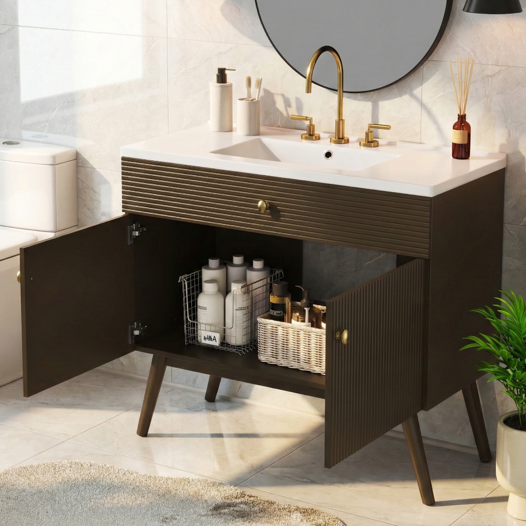 36" Luxury Striped Bathroom Vanity with Soft-Close Dual-Door Storage - Dark Brown