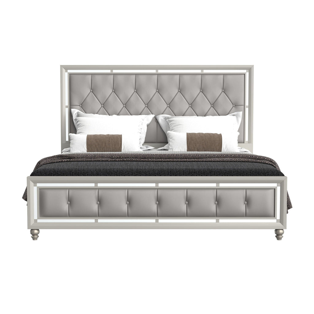 Elegant Design Panel Bed with Tufted Headboard - Pearl Silver