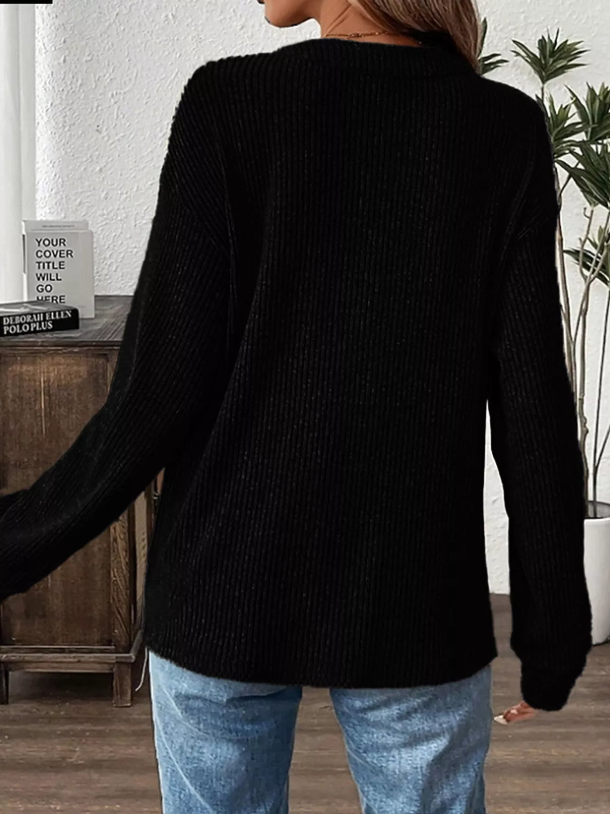 Ribbed Button Detail Long Sleeve T-Shirt