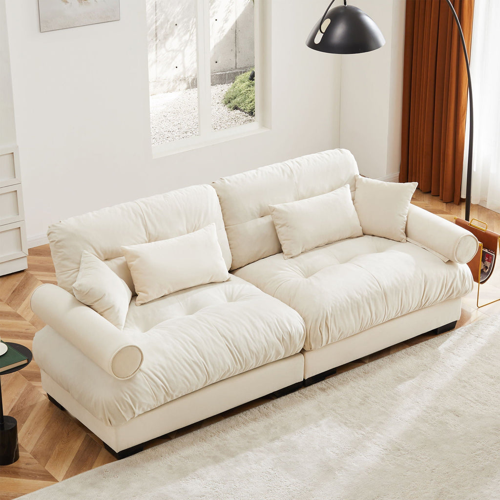 Modern Sofa with Bolstered Armrests and Pillows - Beige or Dark Green