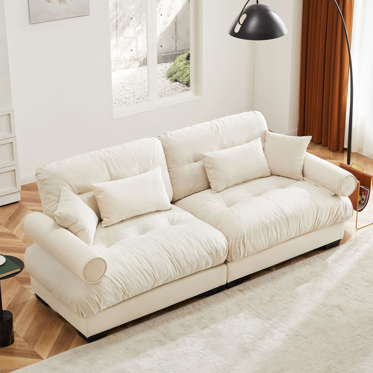 Modern Sofa with Bolstered Armrests and Pillows - Beige or Dark Green