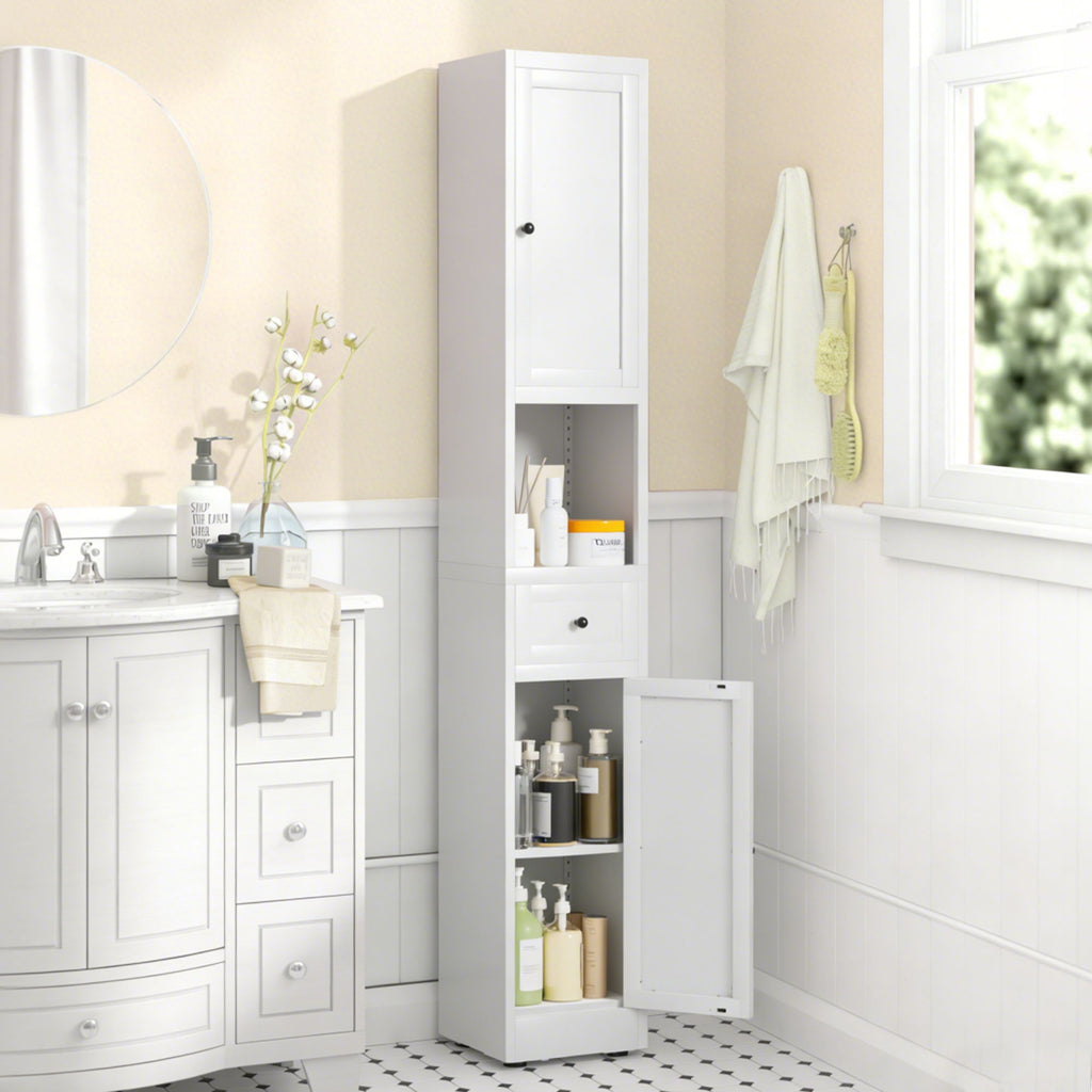 Tall Bathroom Storage Cabinet with Adjustable Shelves - White Steel