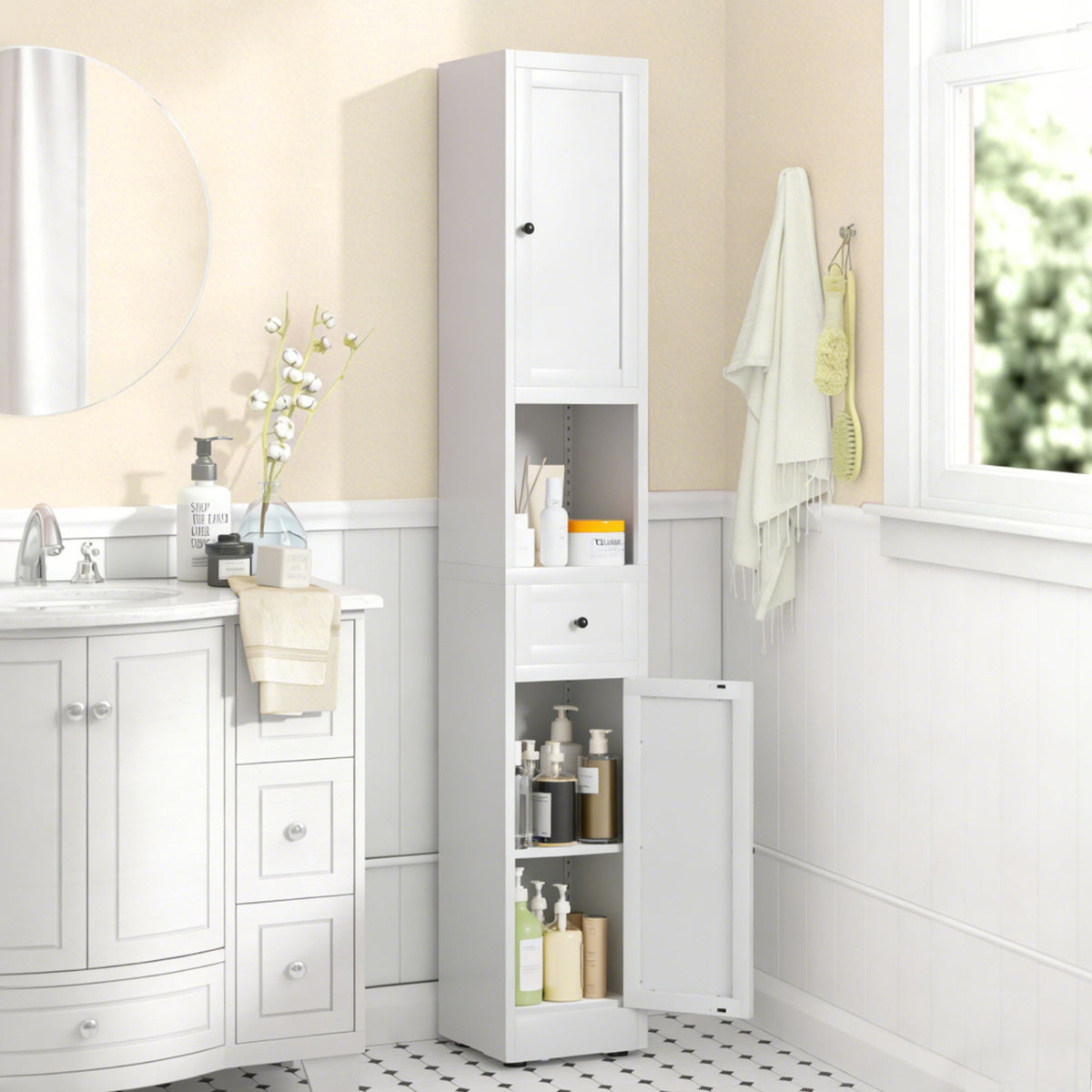 Tall Bathroom Storage Cabinet with Adjustable Shelves - White Steel