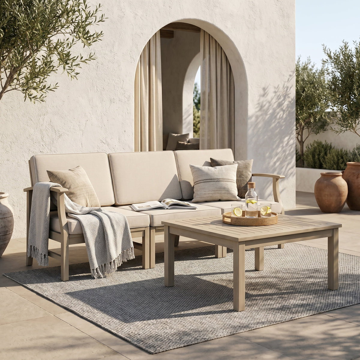 Perla 3 Seater Sofa and Table Set with Acacia Wood - Outdoor