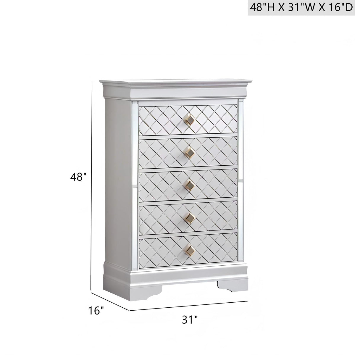 Embossed X Design Accent Chest with Crystal Pulls - Gray, Black, or Pearl Silver