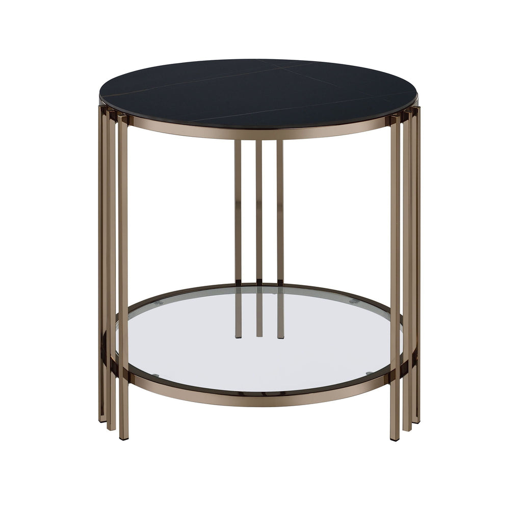 Abisha Sintered Stone Top Round Table with Lower Shelf - Black