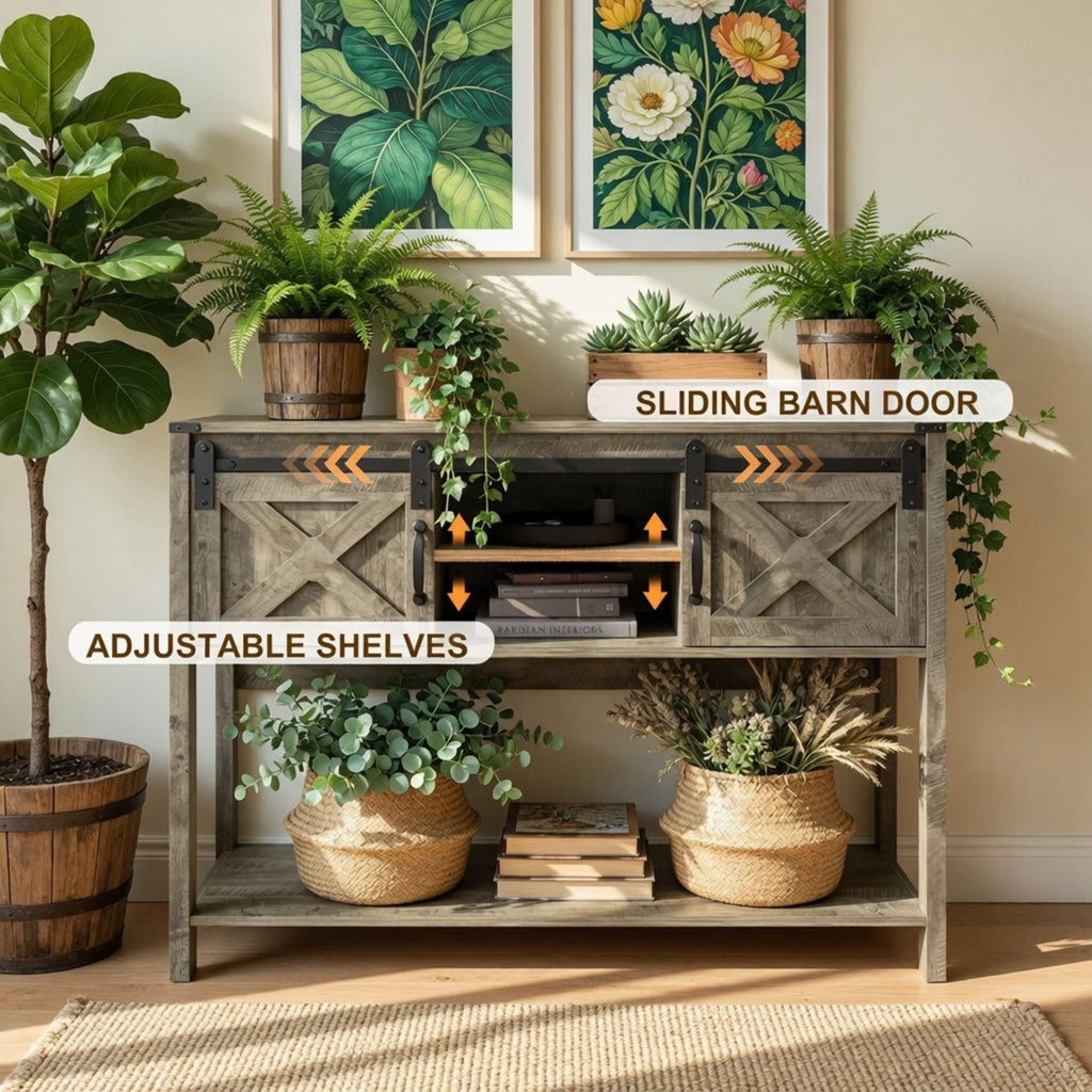 Farmhouse Entryway Table with Sliding Barn Door - Gray, Dark Gray, White, Black