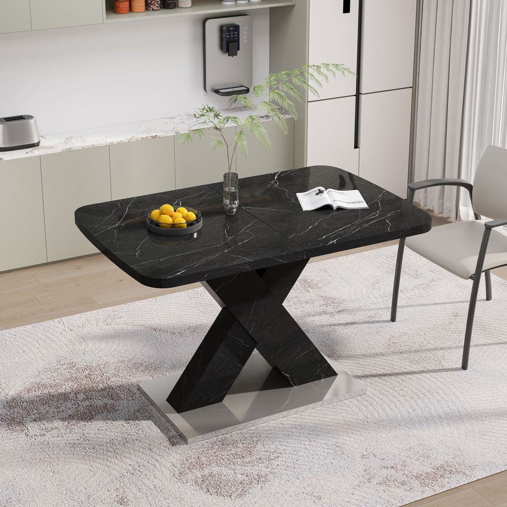 Modern Rectangle Dining Table with Stretchable Top and X Shape Legs - White or Black